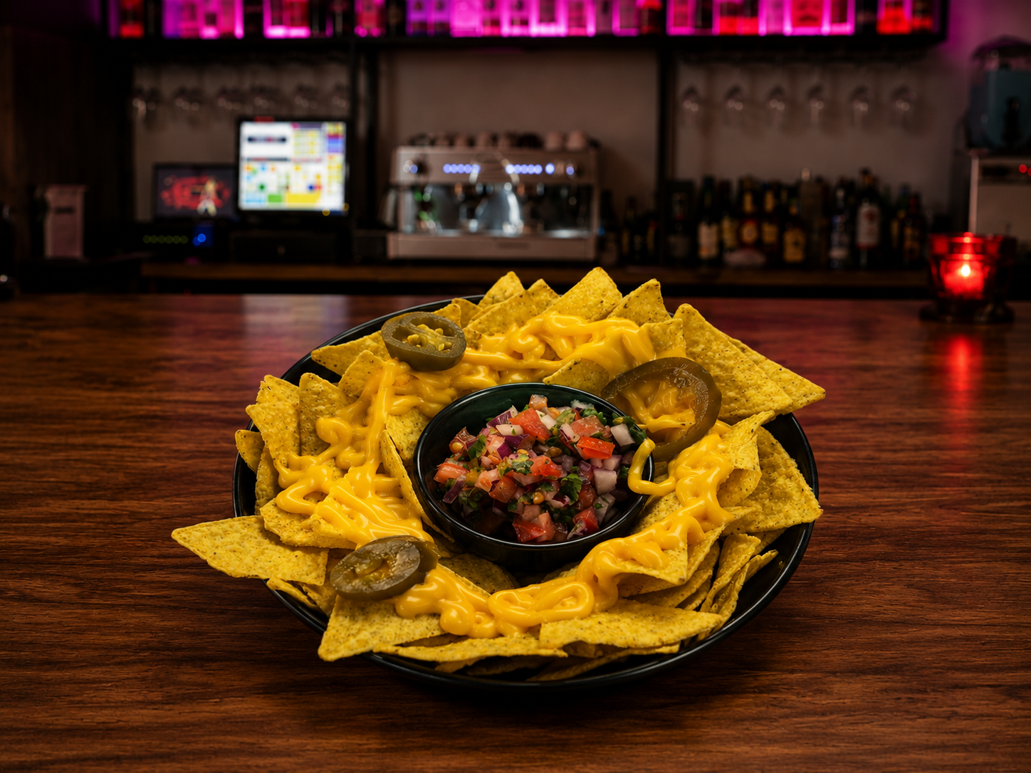 Nachos con cheddar, guacamole y pico de gallo