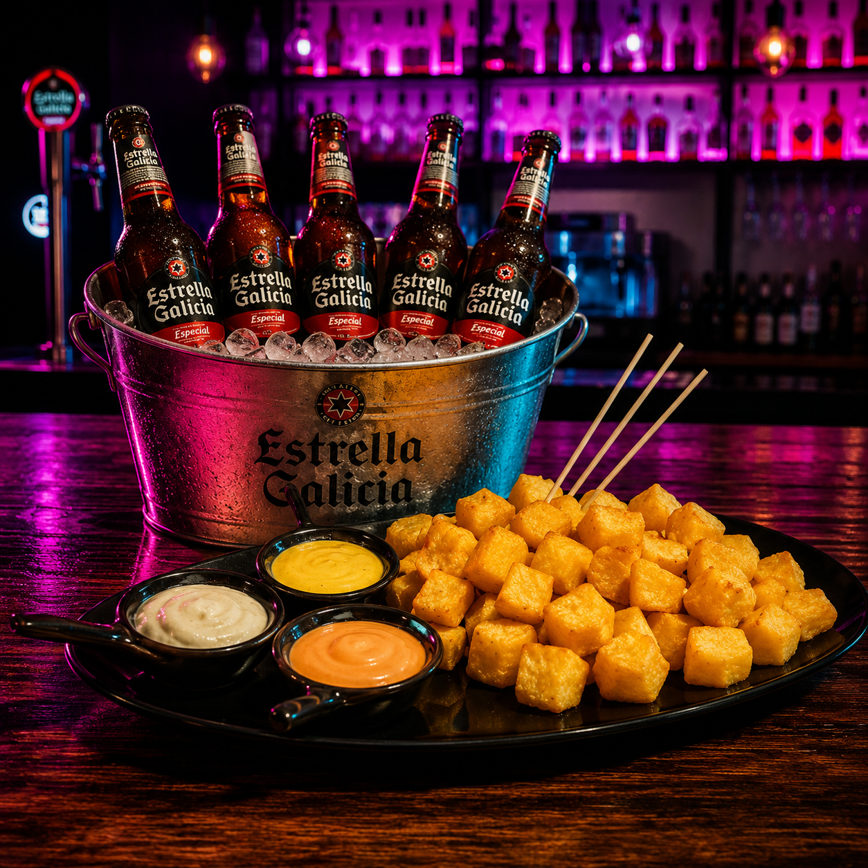 Cubo de 5 cervezas con patatas 3 salsas